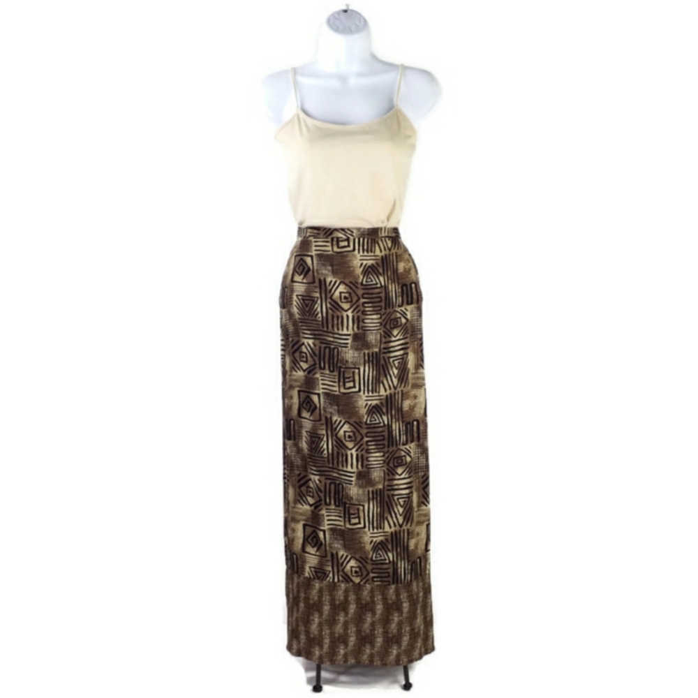 Vintage DB Line Black Tan Geometric Print Pullon Side Split Maxi Skirt Womens 3X